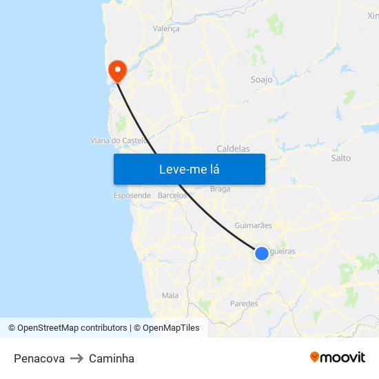 Penacova to Caminha map