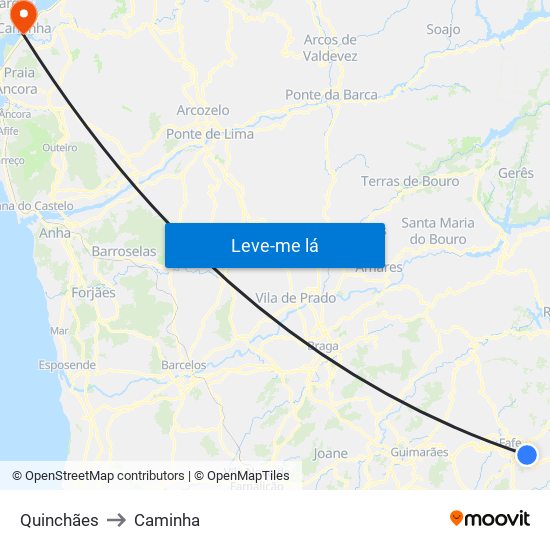 Quinchães to Caminha map