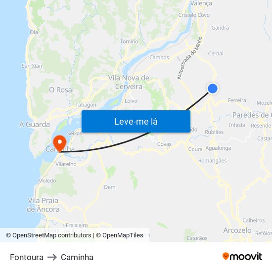 Fontoura to Caminha map