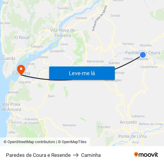 Paredes de Coura e Resende to Caminha map