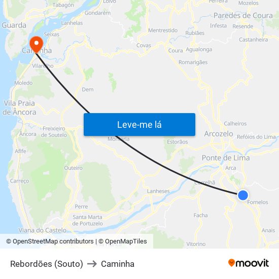 Rebordões (Souto) to Caminha map