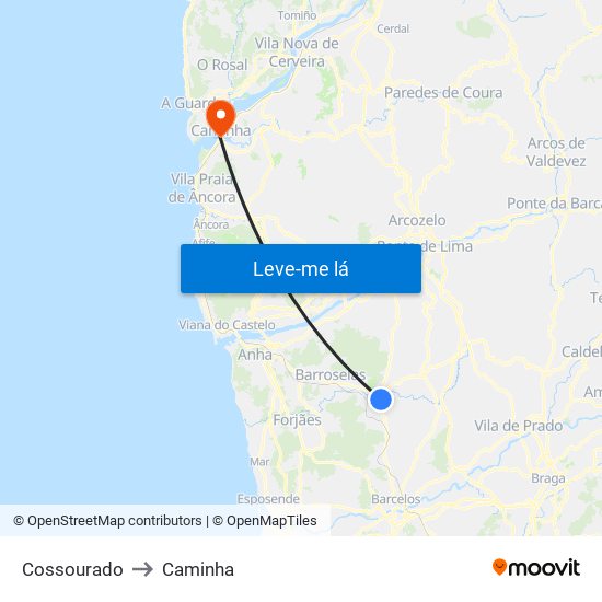 Cossourado to Caminha map