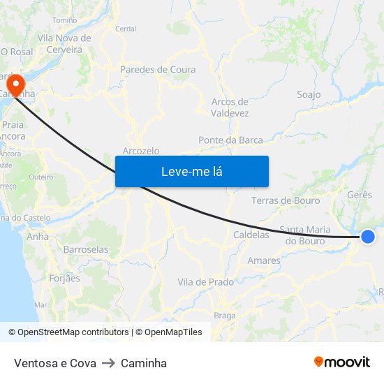 Ventosa e Cova to Caminha map