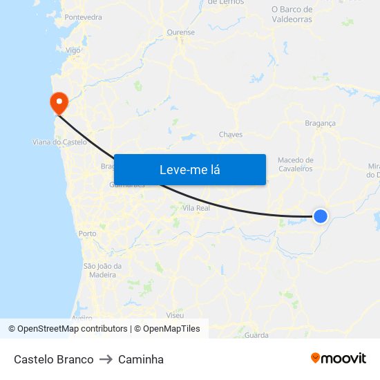 Castelo Branco to Caminha map