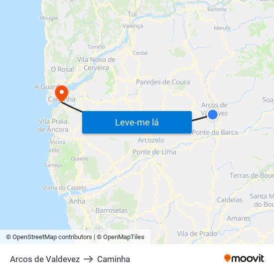 Arcos de Valdevez to Caminha map