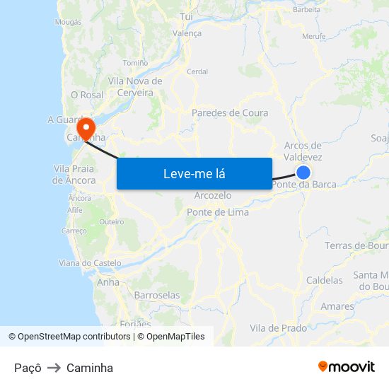 Paçô to Caminha map