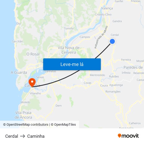 Cerdal to Caminha map