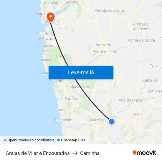 Areias de Vilar e Encourados to Caminha map