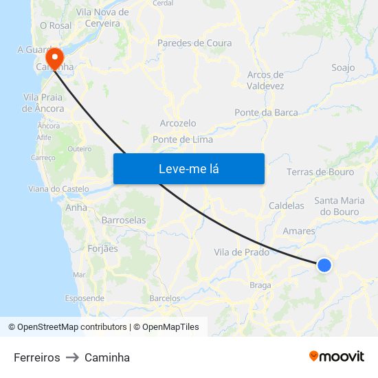 Ferreiros to Caminha map