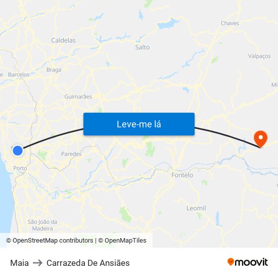 Maia to Carrazeda De Ansiães map