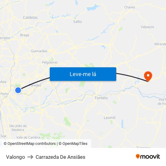 Valongo to Carrazeda De Ansiães map