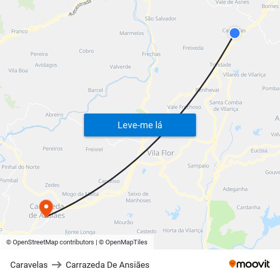 Caravelas to Carrazeda De Ansiães map