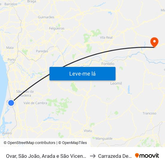 Ovar, São João, Arada e São Vicente de Pereira Jusã to Carrazeda De Ansiães map