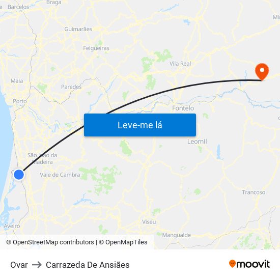 Ovar to Carrazeda De Ansiães map