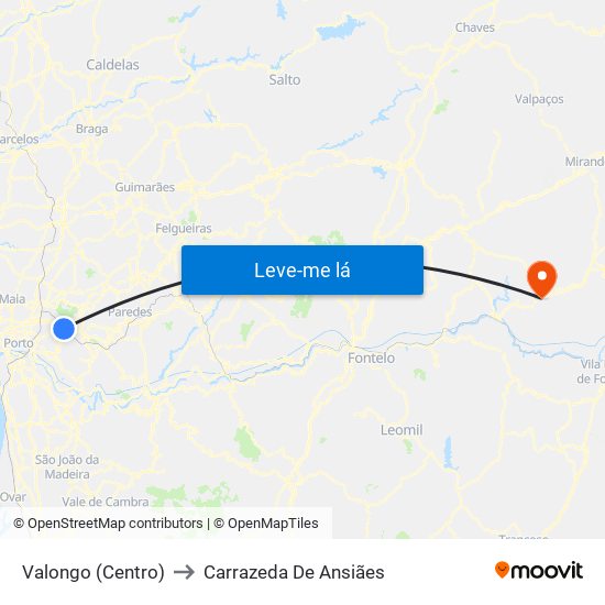 Valongo (Centro) to Carrazeda De Ansiães map