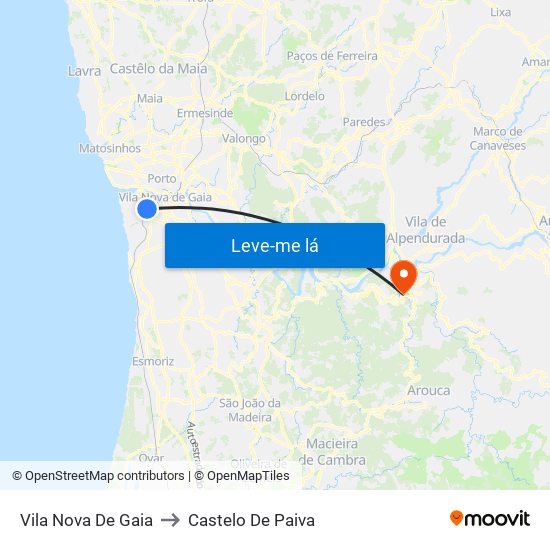 Vila Nova De Gaia to Castelo De Paiva map