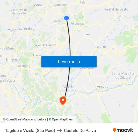 Tagilde e Vizela (São Paio) to Castelo De Paiva map