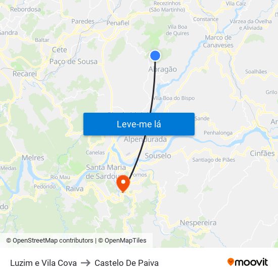 Luzim e Vila Cova to Castelo De Paiva map