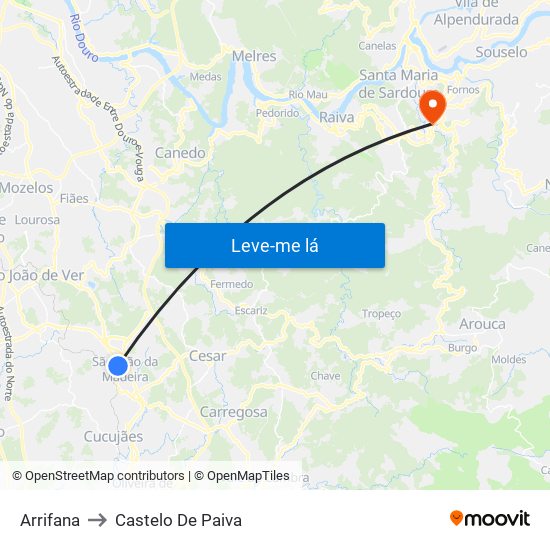 Arrifana to Castelo De Paiva map