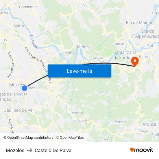 Mozelos to Castelo De Paiva map