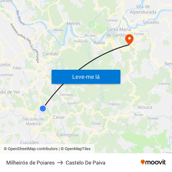 Milheirós de Poiares to Castelo De Paiva map