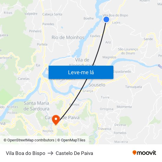 Vila Boa do Bispo to Castelo De Paiva map
