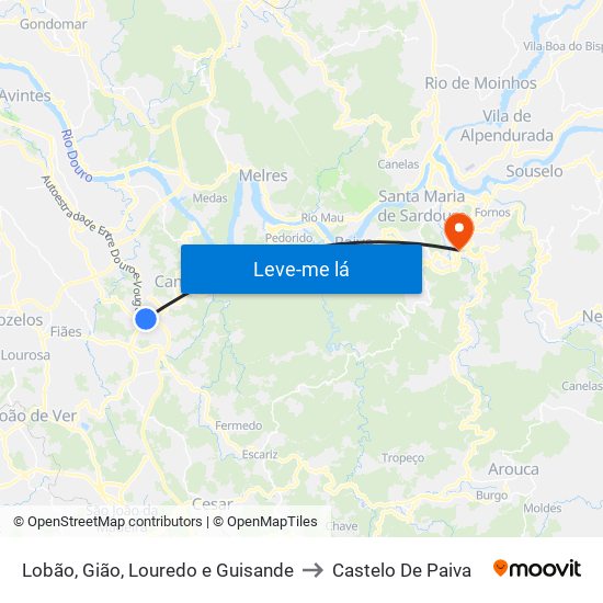 Lobão, Gião, Louredo e Guisande to Castelo De Paiva map