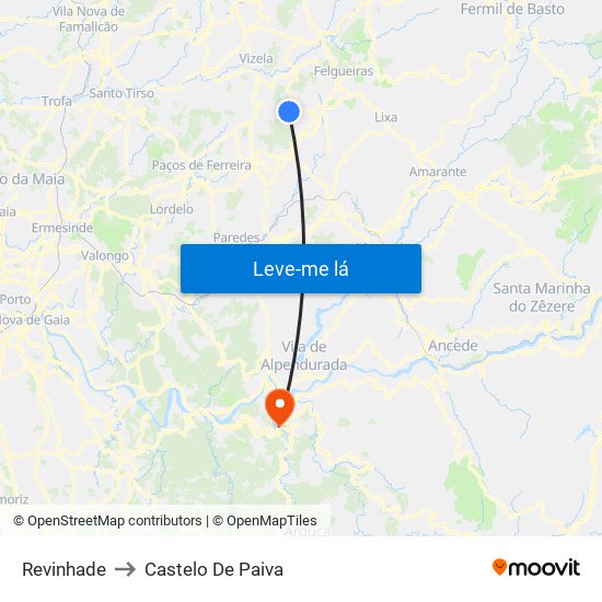 Revinhade to Castelo De Paiva map