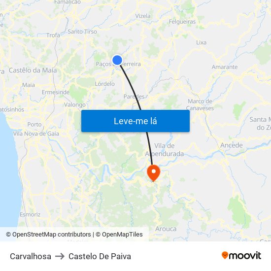 Carvalhosa to Castelo De Paiva map