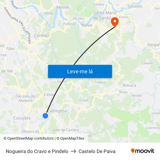 Nogueira do Cravo e Pindelo to Castelo De Paiva map