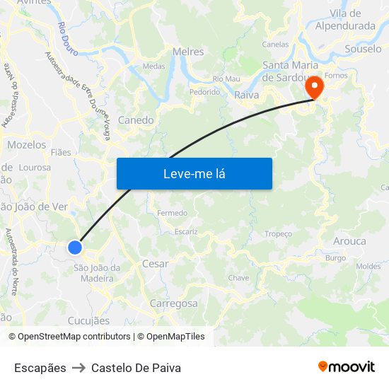 Escapães to Castelo De Paiva map