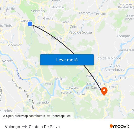 Valongo to Castelo De Paiva map