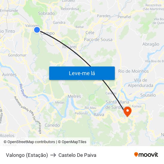 Valongo (Estação) to Castelo De Paiva map