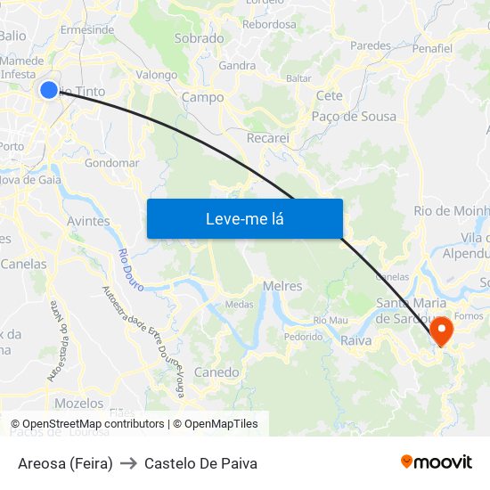 Areosa (Feira) to Castelo De Paiva map