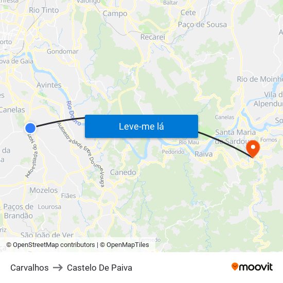 Carvalhos to Castelo De Paiva map