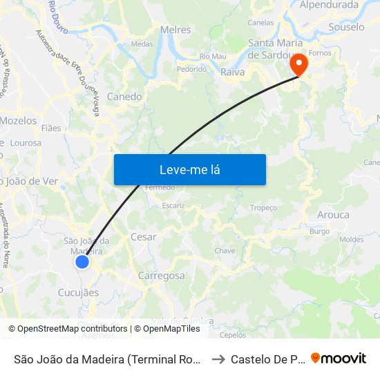 São João da Madeira (Terminal Rodoviário) to Castelo De Paiva map