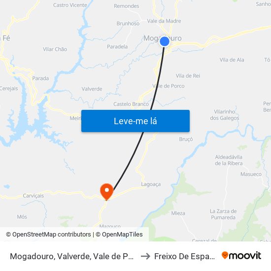 Mogadouro, Valverde, Vale de Porco e Vilar de Rei to Freixo De Espada À Cinta map