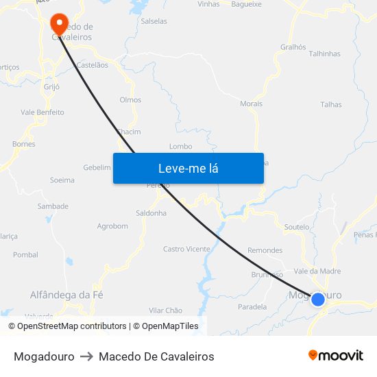 Mogadouro to Macedo De Cavaleiros map