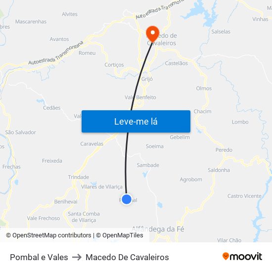 Pombal e Vales to Macedo De Cavaleiros map