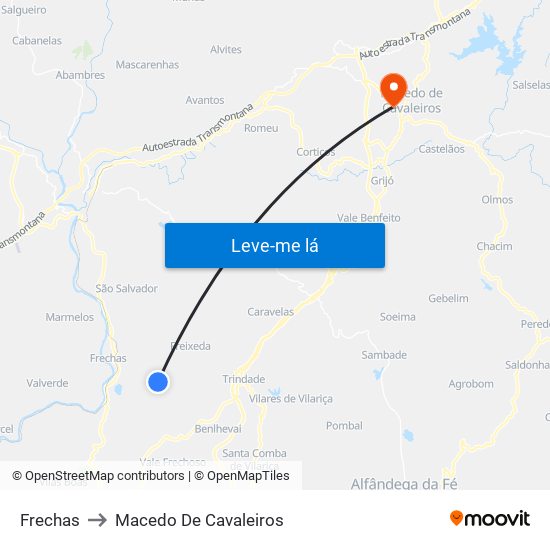 Frechas to Macedo De Cavaleiros map