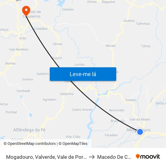 Mogadouro, Valverde, Vale de Porco e Vilar de Rei to Macedo De Cavaleiros map