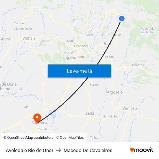 Aveleda e Rio de Onor to Macedo De Cavaleiros map