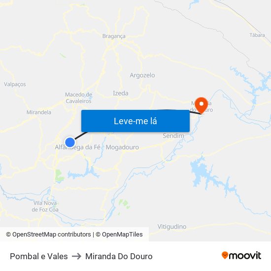 Pombal e Vales to Miranda Do Douro map