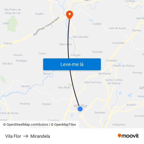 Vila Flor to Mirandela map