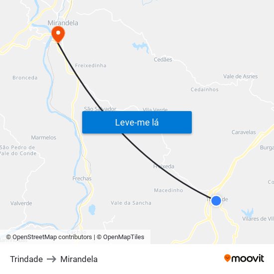 Trindade to Mirandela map