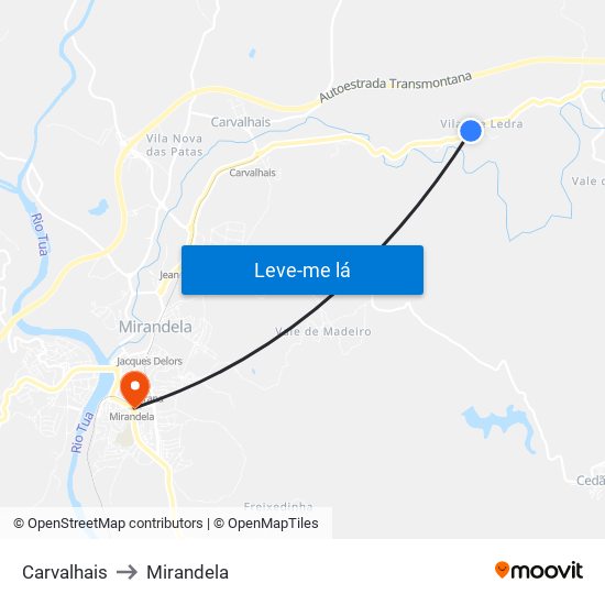 Carvalhais to Mirandela map