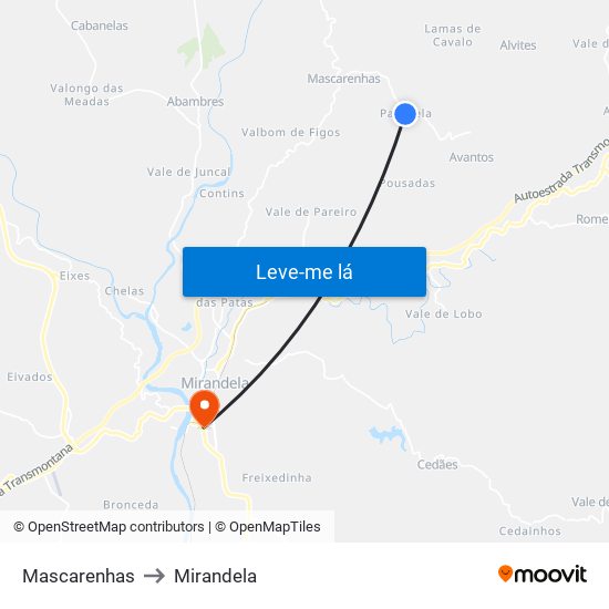 Mascarenhas to Mirandela map