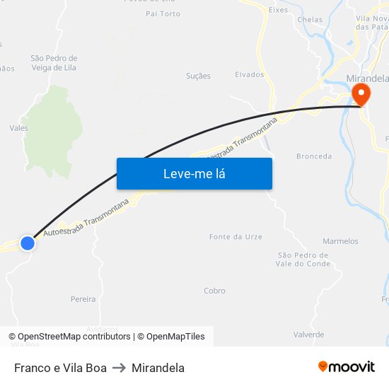 Franco e Vila Boa to Mirandela map