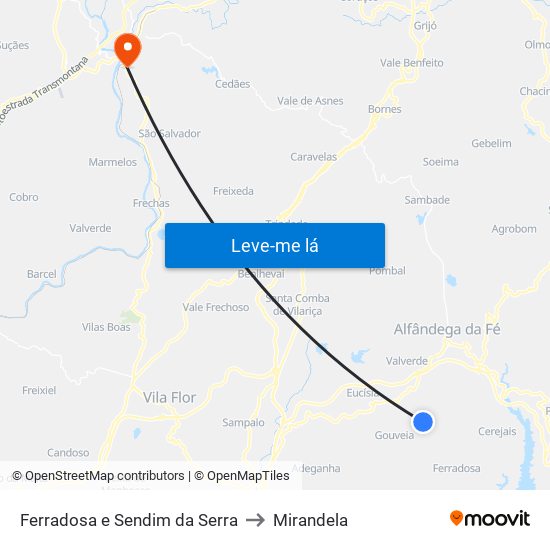 Ferradosa e Sendim da Serra to Mirandela map