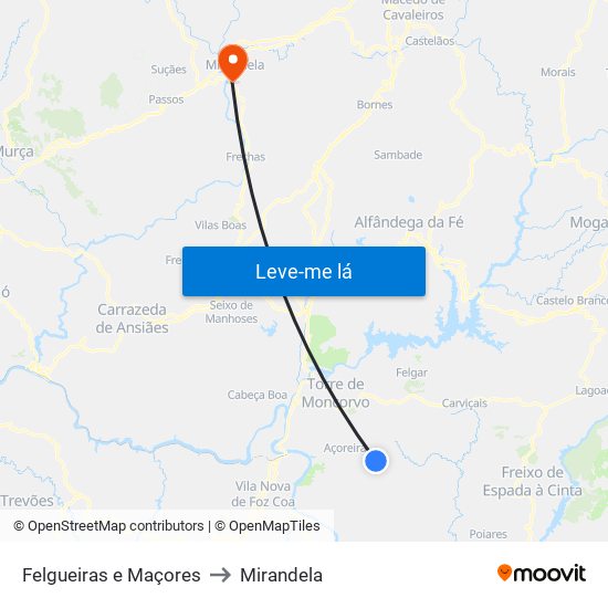 Felgueiras e Maçores to Mirandela map